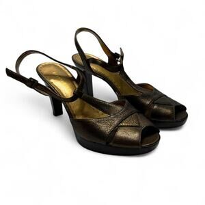 Gianni Bini Y2K Vintage Leather Gold Shimmer Brown Heels Peep Toe Size Women’s 8